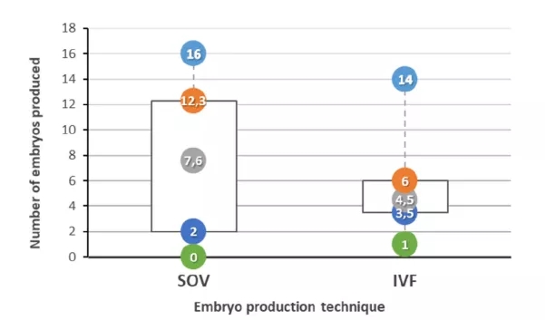 采用不同的SOV和體外受精（IVF）技術(shù)，在5個(gè)不同的集合中，所有10頭母牛產(chǎn)生的胚胎數(shù)量（最?。ňG色）、Q1（深藍(lán)色）、平均（灰色）、Q3（橙色）和最大（淺藍(lán)色）