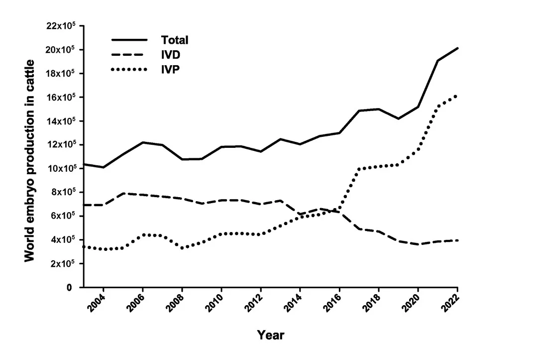 圖1：2003-2022年期間記錄的牛胚胎數量（體內生產[IVD]，體外生產[IVP]和總數）